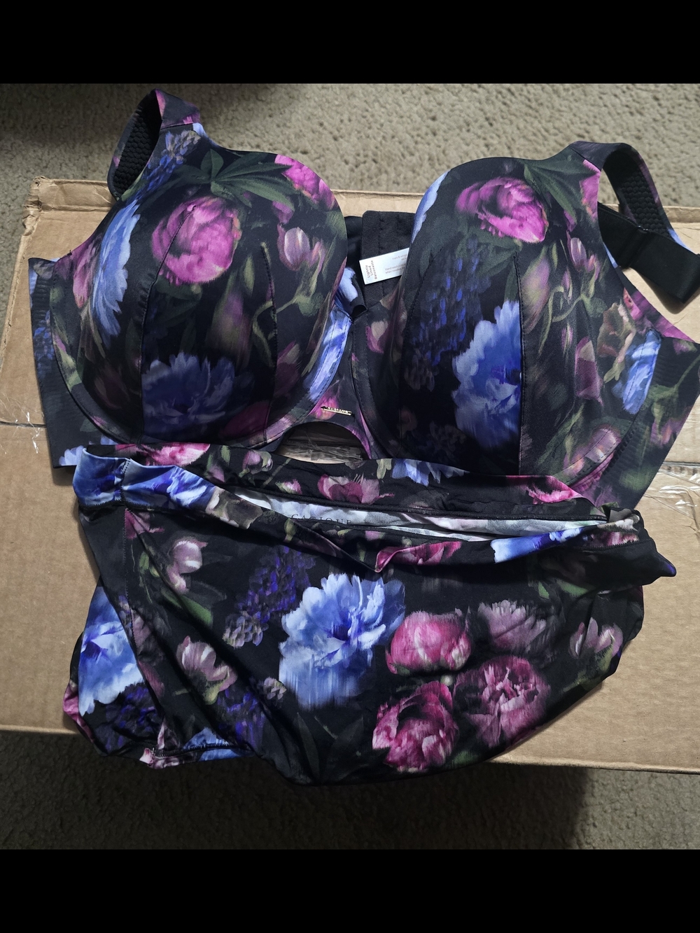 Cacique Black Floral Underwire Bra Brief Set Pink & Blue Blooms Size 44DDD 18/20